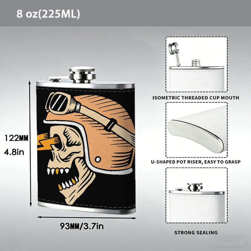 Skull wearing biker helmet and goggles 8oz Portable Stainless Steel Hip Flask - Juice Flask - Perfect Groomsmen Gift - Unique Whiskey Flask for Men and Women, Wine Pot Metal - Ideal stainless steel flask for all outdoor activities