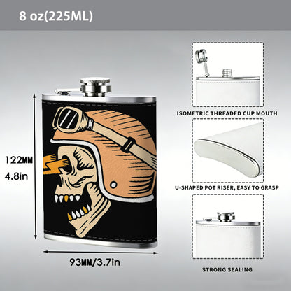 Skull wearing biker helmet and goggles 8oz Portable Stainless Steel Hip Flask - Juice Flask - Perfect Groomsmen Gift - Unique Whiskey Flask for Men and Women, Wine Pot Metal - Ideal stainless steel flask for all outdoor activities