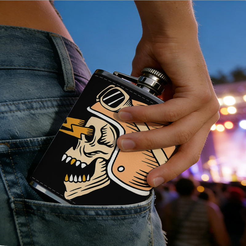 Skull wearing biker helmet and goggles 8oz Portable Stainless Steel Hip Flask - Juice Flask - Perfect Groomsmen Gift - Unique Whiskey Flask for Men and Women, Wine Pot Metal - Ideal stainless steel flask for all outdoor activities