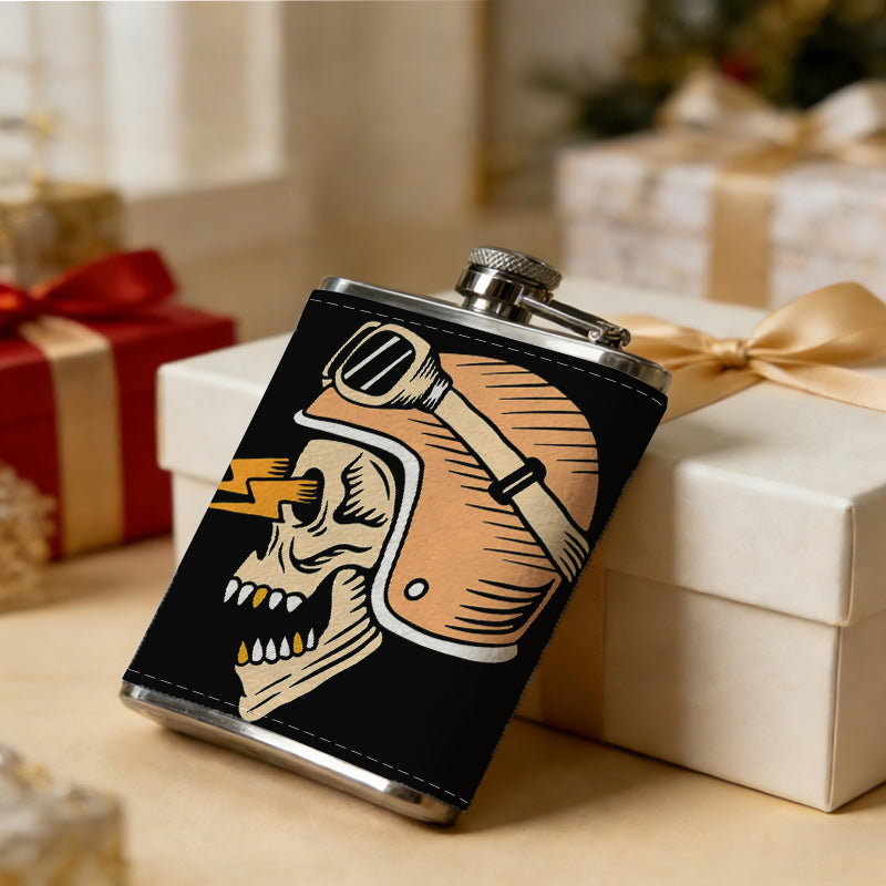 Skull wearing biker helmet and goggles 8oz Portable Stainless Steel Hip Flask - Juice Flask - Perfect Groomsmen Gift - Unique Whiskey Flask for Men and Women, Wine Pot Metal - Ideal stainless steel flask for all outdoor activities
