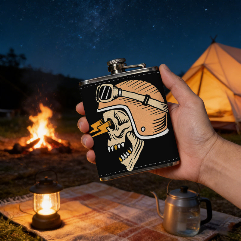 Skull wearing biker helmet and goggles 8oz Portable Stainless Steel Hip Flask - Juice Flask - Perfect Groomsmen Gift - Unique Whiskey Flask for Men and Women, Wine Pot Metal - Ideal stainless steel flask for all outdoor activities