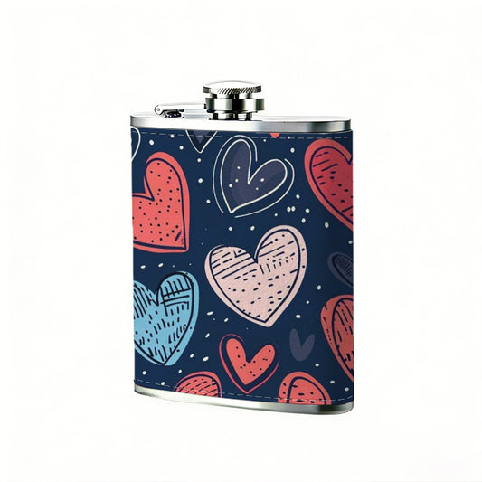 Hand-drawn colorful hearts on dark background 8oz Portable Stainless Steel Hip Flask - Juice Flask - Perfect Groomsmen Gift - Unique Whiskey Flask for Men and Women, Wine Pot Metal - Ideal stainless steel flask for all outdoor activities