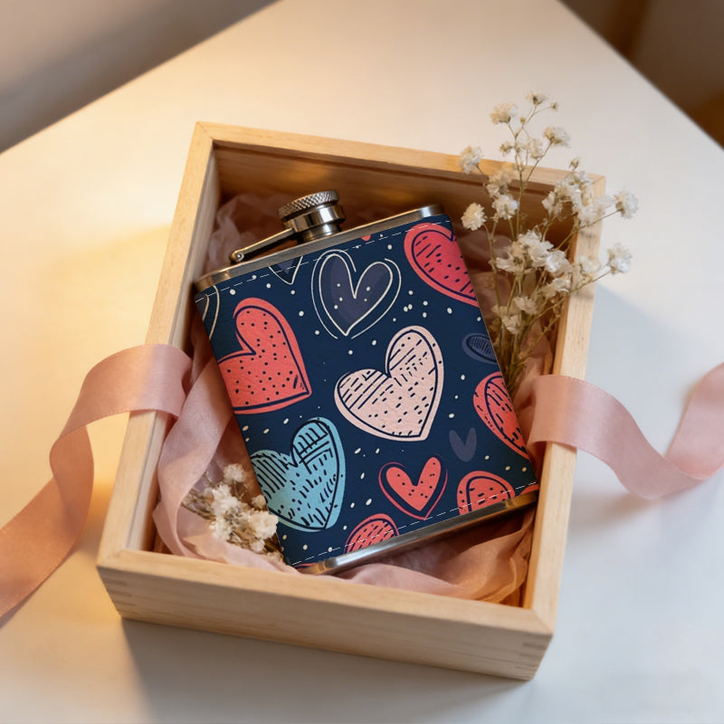 Hand-drawn colorful hearts on dark background 8oz Portable Stainless Steel Hip Flask - Juice Flask - Perfect Groomsmen Gift - Unique Whiskey Flask for Men and Women, Wine Pot Metal - Ideal stainless steel flask for all outdoor activities