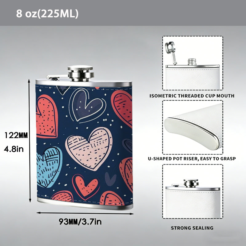 Hand-drawn colorful hearts on dark background 8oz Portable Stainless Steel Hip Flask - Juice Flask - Perfect Groomsmen Gift - Unique Whiskey Flask for Men and Women, Wine Pot Metal - Ideal stainless steel flask for all outdoor activities
