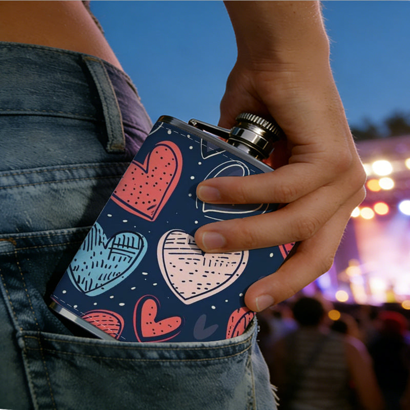 Hand-drawn colorful hearts on dark background 8oz Portable Stainless Steel Hip Flask - Juice Flask - Perfect Groomsmen Gift - Unique Whiskey Flask for Men and Women, Wine Pot Metal - Ideal stainless steel flask for all outdoor activities