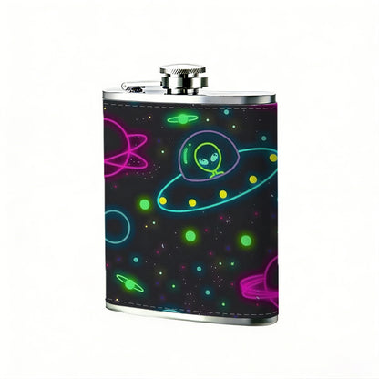 Neon space UFO and planet pattern 8oz Portable Stainless Steel Hip Flask - Juice Flask - Perfect Groomsmen Gift - Unique Whiskey Flask for Men and Women, Wine Pot Metal - Ideal stainless steel flask for all outdoor activities