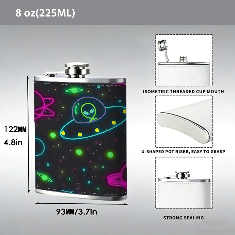 Neon space UFO and planet pattern 8oz Portable Stainless Steel Hip Flask - Juice Flask - Perfect Groomsmen Gift - Unique Whiskey Flask for Men and Women, Wine Pot Metal - Ideal stainless steel flask for all outdoor activities