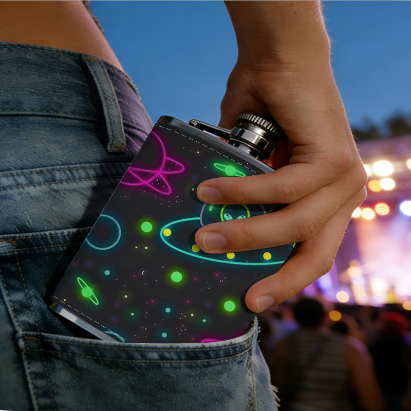 Neon space UFO and planet pattern 8oz Portable Stainless Steel Hip Flask - Juice Flask - Perfect Groomsmen Gift - Unique Whiskey Flask for Men and Women, Wine Pot Metal - Ideal stainless steel flask for all outdoor activities