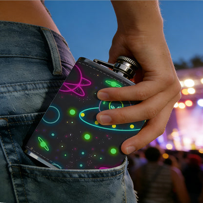 Neon space UFO and planet pattern 8oz Portable Stainless Steel Hip Flask - Juice Flask - Perfect Groomsmen Gift - Unique Whiskey Flask for Men and Women, Wine Pot Metal - Ideal stainless steel flask for all outdoor activities