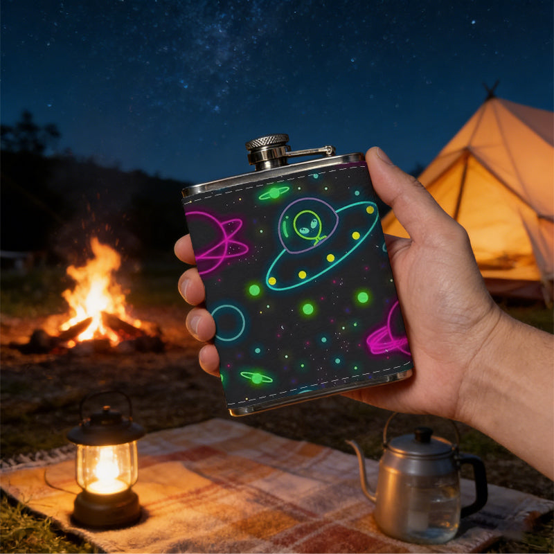 Neon space UFO and planet pattern 8oz Portable Stainless Steel Hip Flask - Juice Flask - Perfect Groomsmen Gift - Unique Whiskey Flask for Men and Women, Wine Pot Metal - Ideal stainless steel flask for all outdoor activities