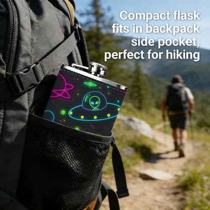 Neon space UFO and planet pattern 8oz Portable Stainless Steel Hip Flask - Juice Flask - Perfect Groomsmen Gift - Unique Whiskey Flask for Men and Women, Wine Pot Metal - Ideal stainless steel flask for all outdoor activities