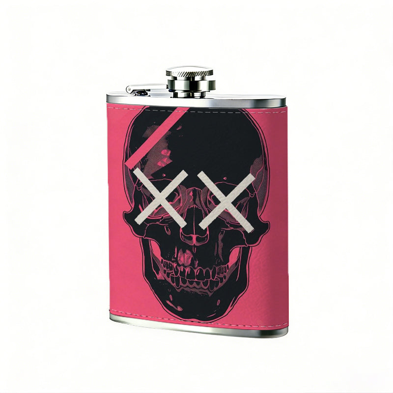 Skull with lightning and XX eyes on pink background 8oz Portable Stainless Steel Hip Flask - Juice Flask - Perfect Groomsmen Gift - Unique Whiskey Flask for Men and Women, Wine Pot Metal - Ideal stainless steel flask for all outdoor activities