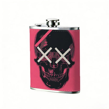 Skull with lightning and XX eyes on pink background 8oz Portable Stainless Steel Hip Flask - Juice Flask - Perfect Groomsmen Gift - Unique Whiskey Flask for Men and Women, Wine Pot Metal - Ideal stainless steel flask for all outdoor activities