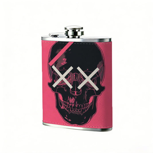 Skull with lightning and XX eyes on pink background 8oz Portable Stainless Steel Hip Flask - Juice Flask - Perfect Groomsmen Gift - Unique Whiskey Flask for Men and Women, Wine Pot Metal - Ideal stainless steel flask for all outdoor activities