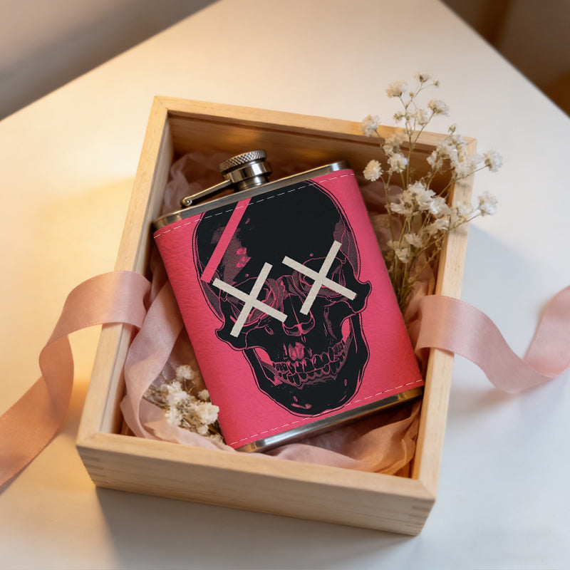 Skull with lightning and XX eyes on pink background 8oz Portable Stainless Steel Hip Flask - Juice Flask - Perfect Groomsmen Gift - Unique Whiskey Flask for Men and Women, Wine Pot Metal - Ideal stainless steel flask for all outdoor activities