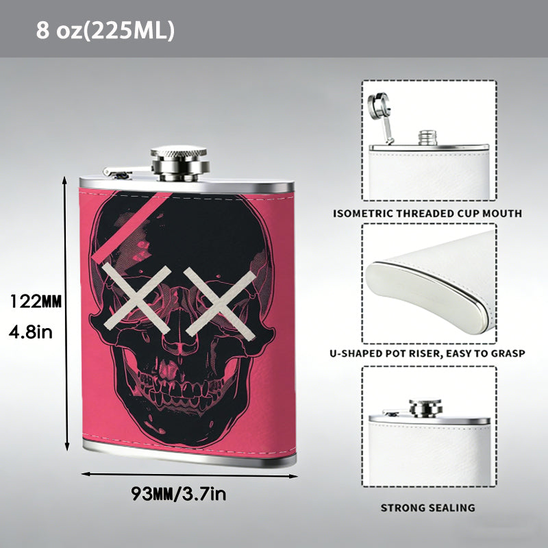 Skull with lightning and XX eyes on pink background 8oz Portable Stainless Steel Hip Flask - Juice Flask - Perfect Groomsmen Gift - Unique Whiskey Flask for Men and Women, Wine Pot Metal - Ideal stainless steel flask for all outdoor activities