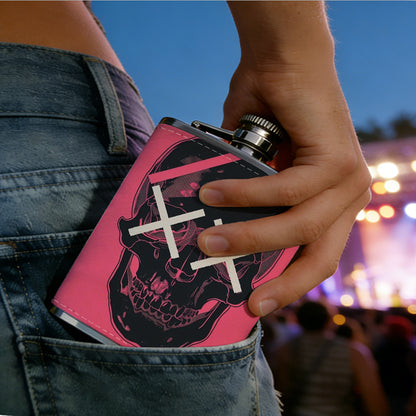 Skull with lightning and XX eyes on pink background 8oz Portable Stainless Steel Hip Flask - Juice Flask - Perfect Groomsmen Gift - Unique Whiskey Flask for Men and Women, Wine Pot Metal - Ideal stainless steel flask for all outdoor activities