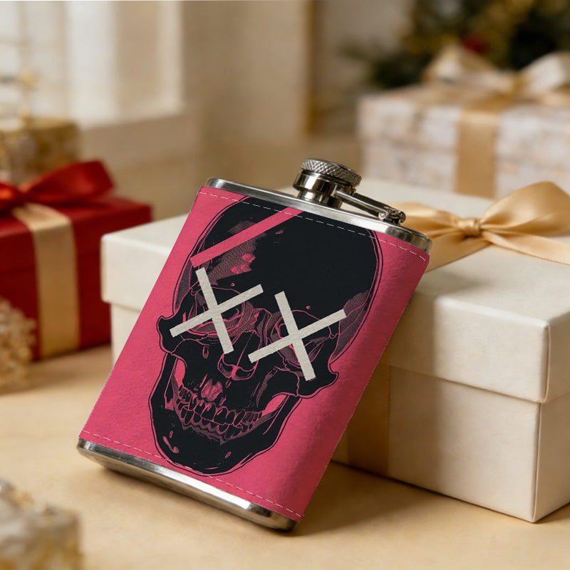 Skull with lightning and XX eyes on pink background 8oz Portable Stainless Steel Hip Flask - Juice Flask - Perfect Groomsmen Gift - Unique Whiskey Flask for Men and Women, Wine Pot Metal - Ideal stainless steel flask for all outdoor activities