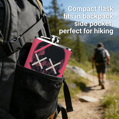 Skull with lightning and XX eyes on pink background 8oz Portable Stainless Steel Hip Flask - Juice Flask - Perfect Groomsmen Gift - Unique Whiskey Flask for Men and Women, Wine Pot Metal - Ideal stainless steel flask for all outdoor activities