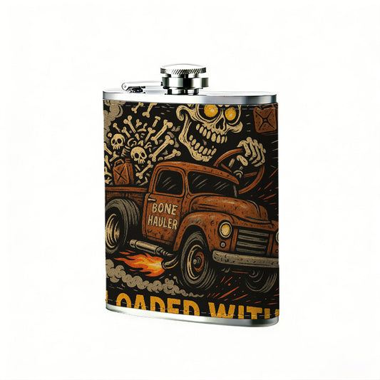 Skull, vintage car and text 8oz Portable Stainless Steel Hip Flask - Juice Flask - Perfect Groomsmen Gift - Unique Whiskey Flask for Men and Women, Wine Pot Metal - Ideal stainless steel flask for all outdoor activities
