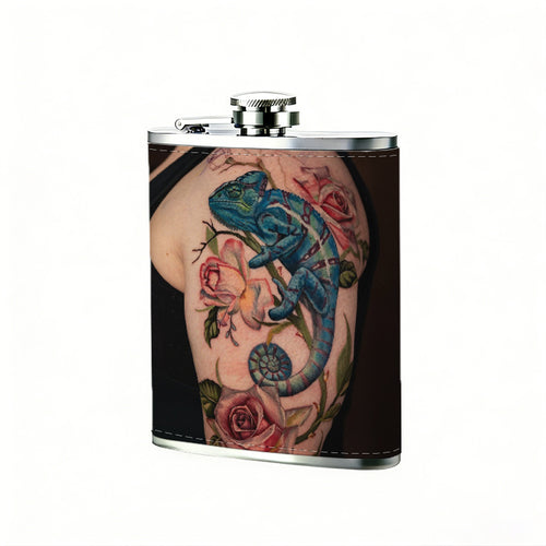Arm tattoo with seahorse and roses 8oz Portable Stainless Steel Hip Flask - Juice Flask - Perfect Groomsmen Gift - Unique Whiskey Flask for Men and Women, Wine Pot Metal - Ideal stainless steel flask for all outdoor activities