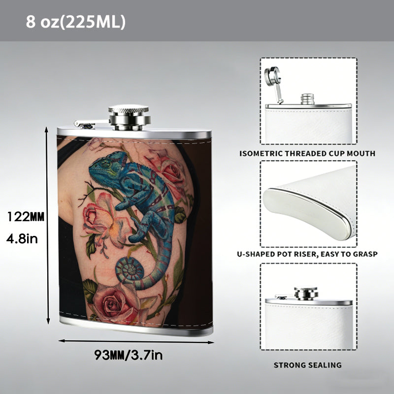 Arm tattoo with seahorse and roses 8oz Portable Stainless Steel Hip Flask - Juice Flask - Perfect Groomsmen Gift - Unique Whiskey Flask for Men and Women, Wine Pot Metal - Ideal stainless steel flask for all outdoor activities