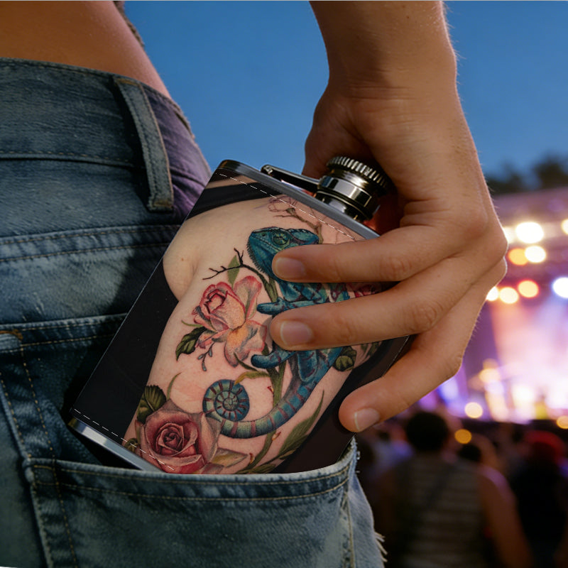 Arm tattoo with seahorse and roses 8oz Portable Stainless Steel Hip Flask - Juice Flask - Perfect Groomsmen Gift - Unique Whiskey Flask for Men and Women, Wine Pot Metal - Ideal stainless steel flask for all outdoor activities
