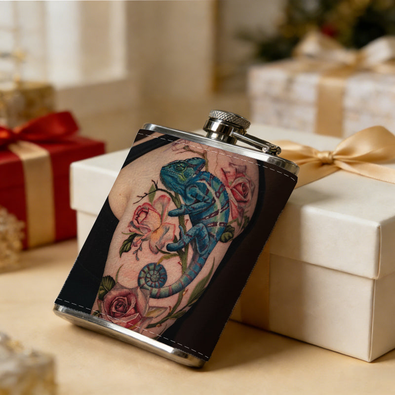 Arm tattoo with seahorse and roses 8oz Portable Stainless Steel Hip Flask - Juice Flask - Perfect Groomsmen Gift - Unique Whiskey Flask for Men and Women, Wine Pot Metal - Ideal stainless steel flask for all outdoor activities