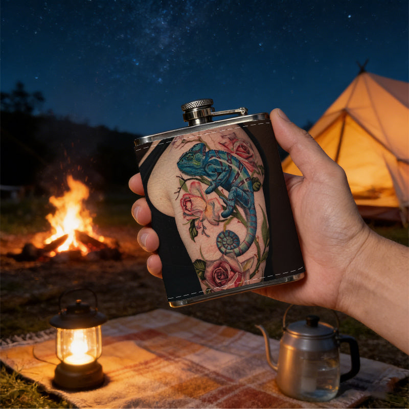 Arm tattoo with seahorse and roses 8oz Portable Stainless Steel Hip Flask - Juice Flask - Perfect Groomsmen Gift - Unique Whiskey Flask for Men and Women, Wine Pot Metal - Ideal stainless steel flask for all outdoor activities