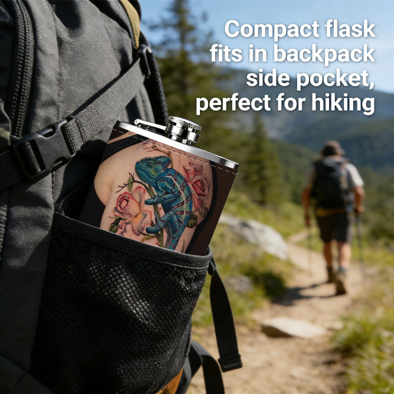 Arm tattoo with seahorse and roses 8oz Portable Stainless Steel Hip Flask - Juice Flask - Perfect Groomsmen Gift - Unique Whiskey Flask for Men and Women, Wine Pot Metal - Ideal stainless steel flask for all outdoor activities