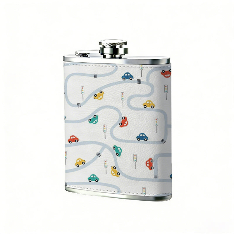 Colorful toy cars and road pattern 8oz Portable Stainless Steel Hip Flask - Juice Flask - Perfect Groomsmen Gift - Unique Whiskey Flask for Men and Women, Wine Pot Metal - Ideal stainless steel flask for all outdoor activities