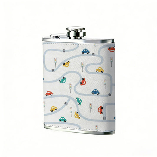 Colorful toy cars and road pattern 8oz Portable Stainless Steel Hip Flask - Juice Flask - Perfect Groomsmen Gift - Unique Whiskey Flask for Men and Women, Wine Pot Metal - Ideal stainless steel flask for all outdoor activities
