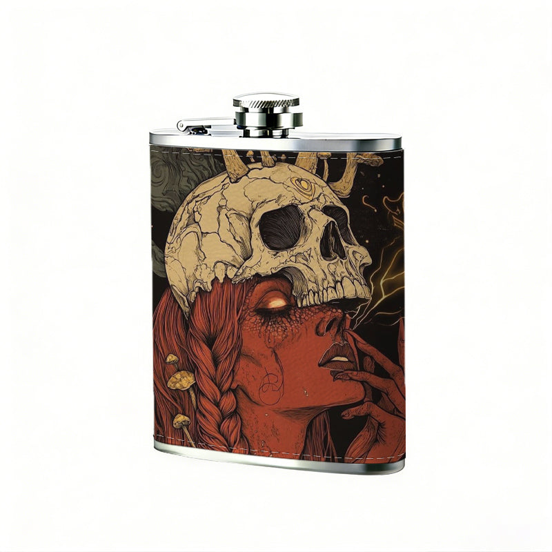 Skull with mushrooms on red background 8oz Portable Stainless Steel Hip Flask - Juice Flask - Perfect Groomsmen Gift - Unique Whiskey Flask for Men and Women, Wine Pot Metal - Ideal stainless steel flask for all outdoor activities