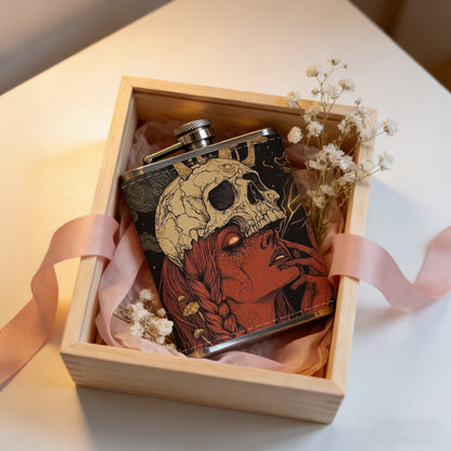 Skull with mushrooms on red background 8oz Portable Stainless Steel Hip Flask - Juice Flask - Perfect Groomsmen Gift - Unique Whiskey Flask for Men and Women, Wine Pot Metal - Ideal stainless steel flask for all outdoor activities