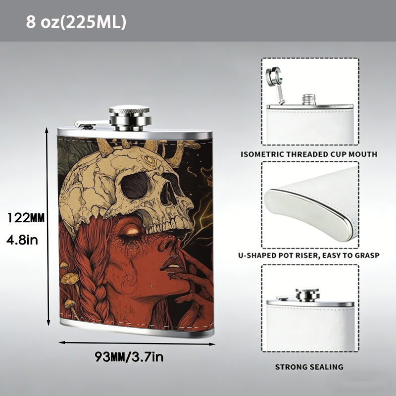 Skull with mushrooms on red background 8oz Portable Stainless Steel Hip Flask - Juice Flask - Perfect Groomsmen Gift - Unique Whiskey Flask for Men and Women, Wine Pot Metal - Ideal stainless steel flask for all outdoor activities