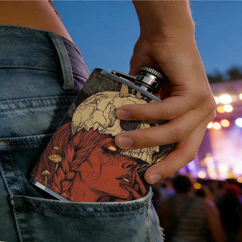 Skull with mushrooms on red background 8oz Portable Stainless Steel Hip Flask - Juice Flask - Perfect Groomsmen Gift - Unique Whiskey Flask for Men and Women, Wine Pot Metal - Ideal stainless steel flask for all outdoor activities