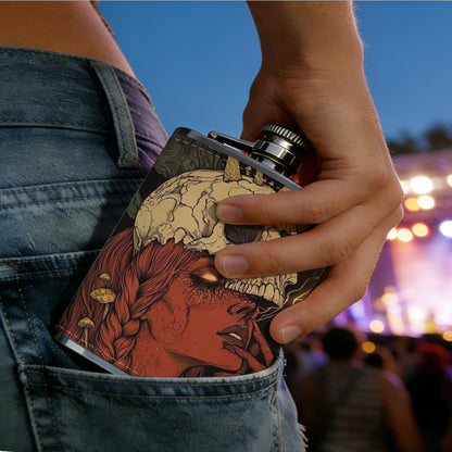 Skull with mushrooms on red background 8oz Portable Stainless Steel Hip Flask - Juice Flask - Perfect Groomsmen Gift - Unique Whiskey Flask for Men and Women, Wine Pot Metal - Ideal stainless steel flask for all outdoor activities
