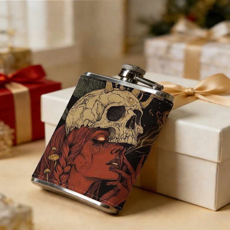 Skull with mushrooms on red background 8oz Portable Stainless Steel Hip Flask - Juice Flask - Perfect Groomsmen Gift - Unique Whiskey Flask for Men and Women, Wine Pot Metal - Ideal stainless steel flask for all outdoor activities