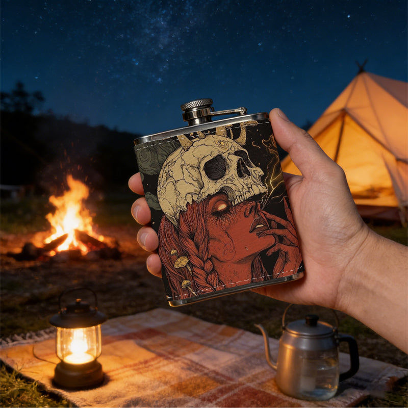 Skull with mushrooms on red background 8oz Portable Stainless Steel Hip Flask - Juice Flask - Perfect Groomsmen Gift - Unique Whiskey Flask for Men and Women, Wine Pot Metal - Ideal stainless steel flask for all outdoor activities