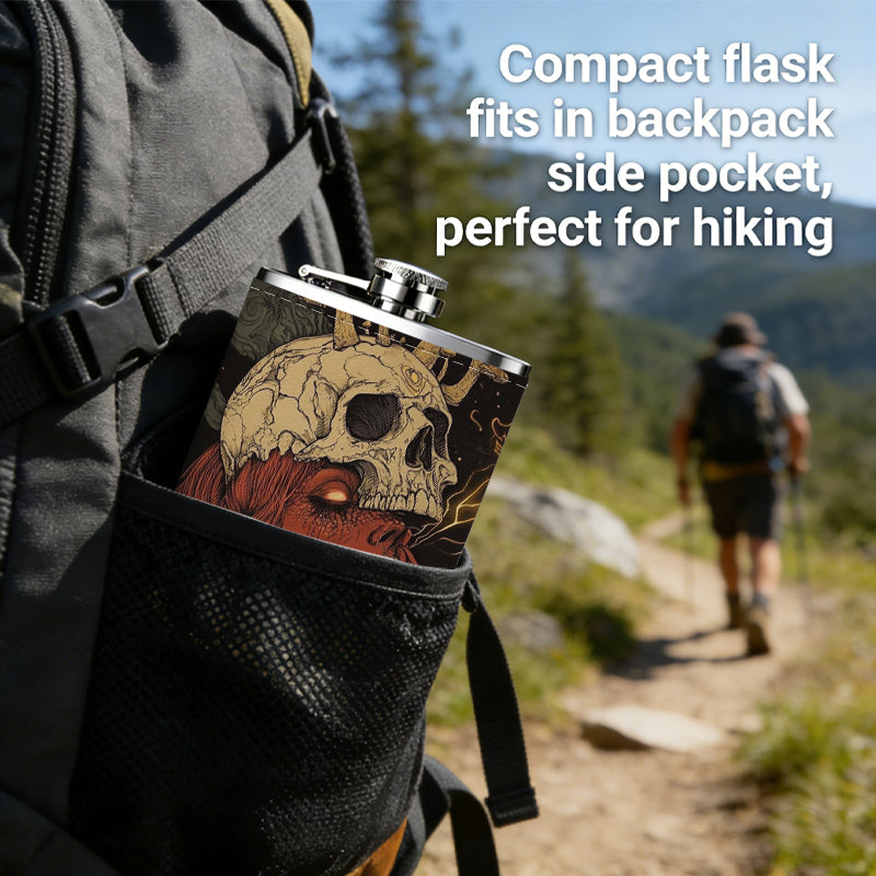 Skull with mushrooms on red background 8oz Portable Stainless Steel Hip Flask - Juice Flask - Perfect Groomsmen Gift - Unique Whiskey Flask for Men and Women, Wine Pot Metal - Ideal stainless steel flask for all outdoor activities