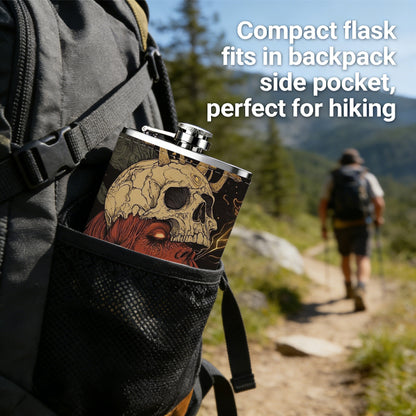 Skull with mushrooms on red background 8oz Portable Stainless Steel Hip Flask - Juice Flask - Perfect Groomsmen Gift - Unique Whiskey Flask for Men and Women, Wine Pot Metal - Ideal stainless steel flask for all outdoor activities