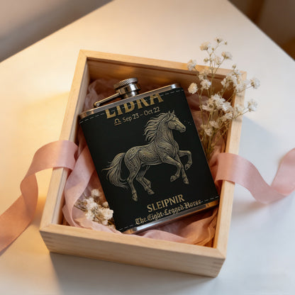 Horse and Libra text artwork 8oz Portable Stainless Steel Hip Flask - Juice Flask - Perfect Groomsmen Gift - Unique Whiskey Flask for Men and Women, Wine Pot Metal - Ideal stainless steel flask for all outdoor activities