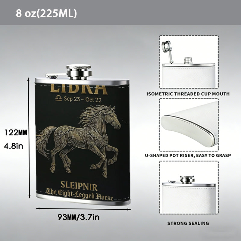 Horse and Libra text artwork 8oz Portable Stainless Steel Hip Flask - Juice Flask - Perfect Groomsmen Gift - Unique Whiskey Flask for Men and Women, Wine Pot Metal - Ideal stainless steel flask for all outdoor activities