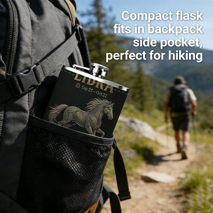 Horse and Libra text artwork 8oz Portable Stainless Steel Hip Flask - Juice Flask - Perfect Groomsmen Gift - Unique Whiskey Flask for Men and Women, Wine Pot Metal - Ideal stainless steel flask for all outdoor activities