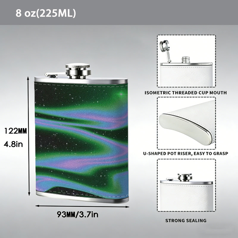 Glowing green purple abstract dark patterns 8oz Portable Stainless Steel Hip Flask - Juice Flask - Perfect Groomsmen Gift - Unique Whiskey Flask for Men and Women, Wine Pot Metal - Ideal stainless steel flask for all outdoor activities