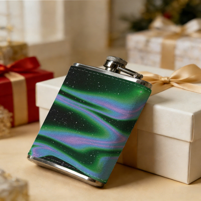 Glowing green purple abstract dark patterns 8oz Portable Stainless Steel Hip Flask - Juice Flask - Perfect Groomsmen Gift - Unique Whiskey Flask for Men and Women, Wine Pot Metal - Ideal stainless steel flask for all outdoor activities