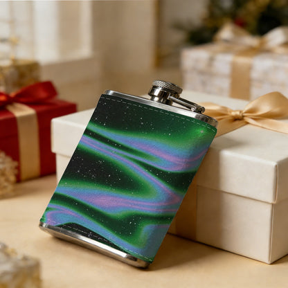 Glowing green purple abstract dark patterns 8oz Portable Stainless Steel Hip Flask - Juice Flask - Perfect Groomsmen Gift - Unique Whiskey Flask for Men and Women, Wine Pot Metal - Ideal stainless steel flask for all outdoor activities
