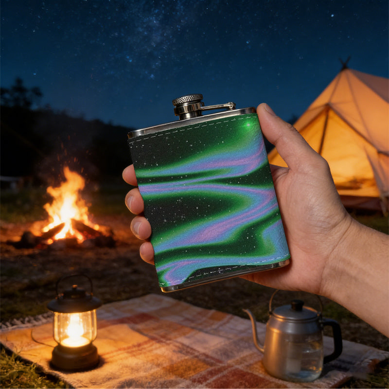 Glowing green purple abstract dark patterns 8oz Portable Stainless Steel Hip Flask - Juice Flask - Perfect Groomsmen Gift - Unique Whiskey Flask for Men and Women, Wine Pot Metal - Ideal stainless steel flask for all outdoor activities