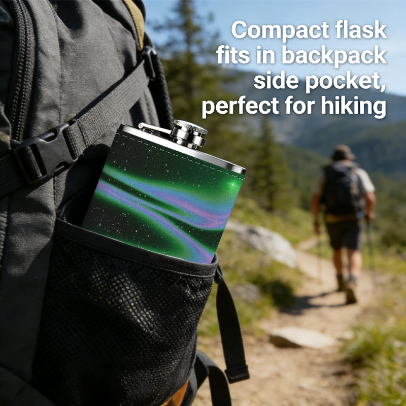 Glowing green purple abstract dark patterns 8oz Portable Stainless Steel Hip Flask - Juice Flask - Perfect Groomsmen Gift - Unique Whiskey Flask for Men and Women, Wine Pot Metal - Ideal stainless steel flask for all outdoor activities