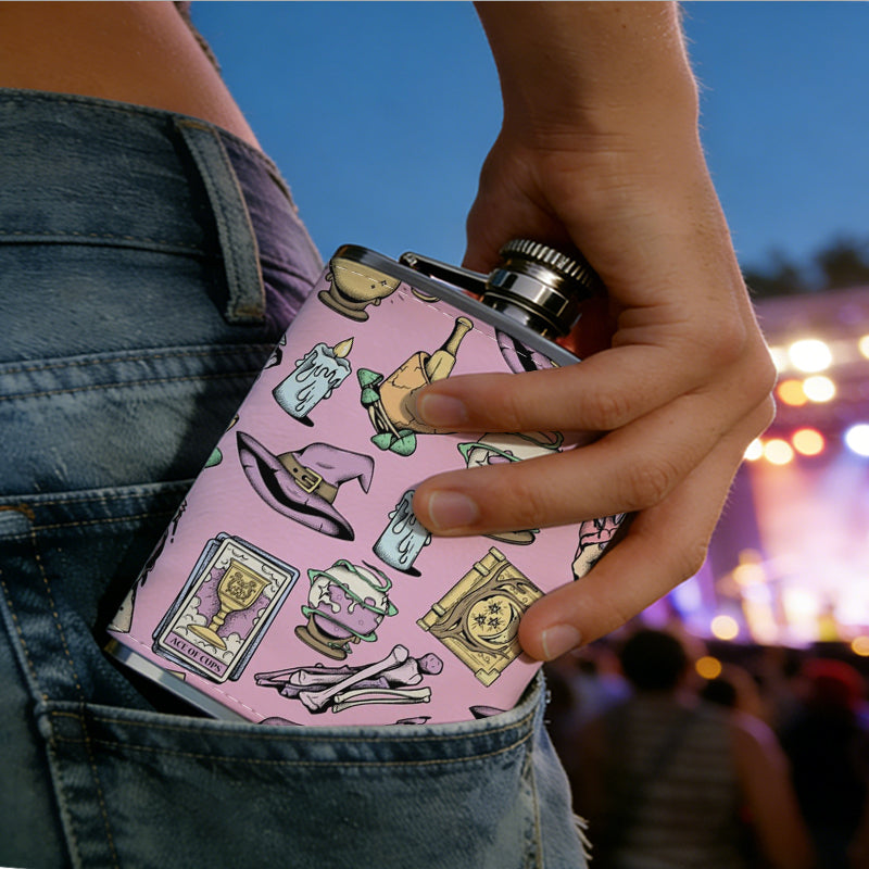Women's high heels and fashion accessories on pink background 8oz Portable Stainless Steel Hip Flask - Juice Flask - Perfect Groomsmen Gift - Unique Whiskey Flask for Men and Women, Wine Pot Metal - Ideal stainless steel flask for all outdoor activities